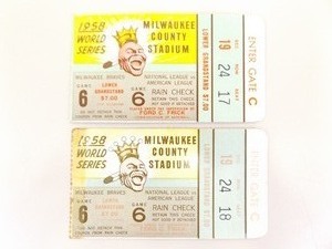 lot 24 image: 2 Authentic 1958 World Series Game 6 Successive Seat Ticket Stubs