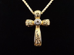 lot 51 image: 14k Yellow Gold REAL Diamond Cross Pendant Necklace