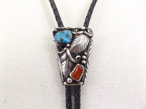 lot 56 image: .925 Sterling Silver Southwest Native Turquoise and Coral Feather Bolo Tie