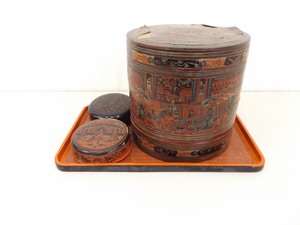 lot 87 image: WOW Lot of VERY OLD Antique Hand Painted Asian Lacquer Hat Box, Tray, etc.