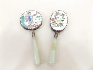 lot 89 image: 2 Antique Jade Handled Cloisonne Travel Mirrors