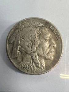 lot 01 image: 1937-D US 3 LEGGED BUFFALO NICKEL XF