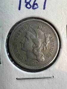 lot 61 image: 1867 US 3 CENT NICKEL