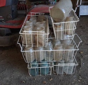 lot 50 image: large assortment of jars, some antique in wire carriers