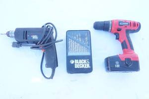 lot 61 image: Tool shop drill with batteryno charger, black and Decker corded drill, drill bit index