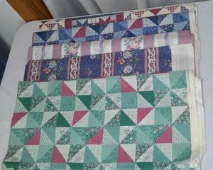 Cotton. Flowers, Quilt Square Look. Blues And Green