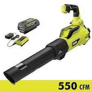 lot 182 image: Ryobi 40V Brushless 125 MPH 550 CFM Cordless Battery Whisper Series Jet Fan Blower with 4.0 Ah Battery and Charger-Handle Stuck in Upright Position