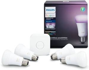 lot 27 image: Philips Hue White and Color Ambiance A19 LED 60W Equivalent Dimmable Smart Wireless Lighting Starter Kit (4 Bulbs and Bridge)