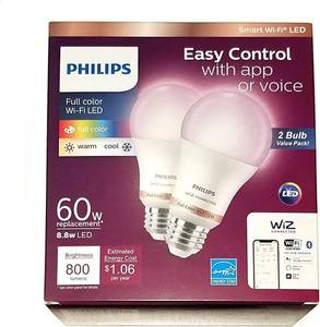 lot 28 image: Philips 2pk 8.8W Smart LED Wi-Fi and Bluetooth A19 Color