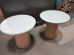 lot 790 image: PAIR OF ROUND ACCENT TABLES WITH GLASS INSERT TOPS