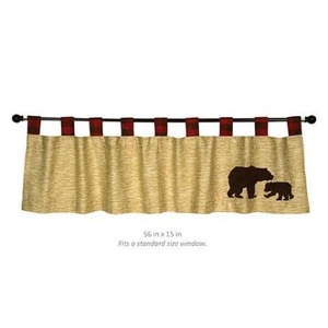 lot 64 image: Northwoods Window Valance - Woodgrain Body, Buffalo Check Tabs, Tab Top, Bear Appliques, Tan, Red and Brown, 56 in x 15 in
