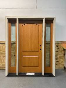 lot 20 image: Palmer-Donavin Wood Pre-hung Door with Two Narrow Side Windows