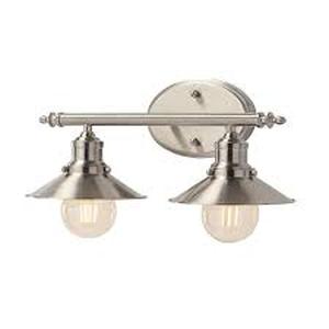 lot 31 image: Lot of 3 Home Decorators Collection Glenhurst 16 in. 2-Light Industrial Farmhouse Brushed Nickel Bathroom Vanity Light Fixture with Metal Shades Customer Returns See Pictures