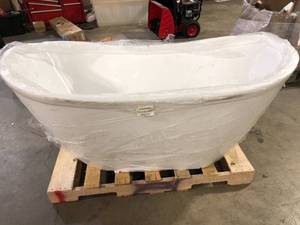 lot 13 image: AKDY 59 in. Acrylic Center Drain Oval Double Slipper Flatbottom Freestanding Bathtub in Glossy White DamagedBroken  Customer Returns See Pictures