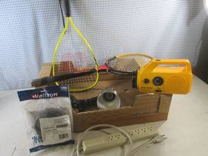 lot 50 image: (EW3) Lot of Misc - Wilson Titanium Racket Ball Racket, Vintage Wood MacGregor Tennis Racket, Power Strip and More - See Photos