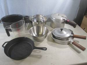 lot 61 image: (CS) Cast Iron Pan, Stainless Bowls, Vintage Fry Pans and Presto Pressure Cooker Etc