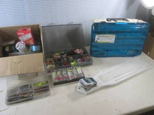 lot 64 image: (BS) New Plano Magnum Satchel Tackle Box with Large Assortment of Tackle and Fish Cleaning and Measuring Board