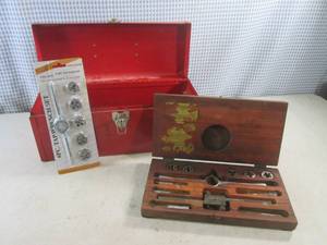 lot 65 image: (EW3) Vintage Tap and Die Set in Wood Box, 6pc Tap Wrench Set and 15 Metal Tool Box