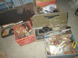 lot 93 image: (BR1) 2 Unsorted Milk Crates Full of Misc Tools, Hardware Etc, 2 Carpet Stretchers in Cases, Box of Misc Kitchen