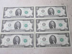 lot 123 image: (CNTR) 6 - $2 Dollar Bills - Serial Numbers In Order - Uncirculated - 2017 A