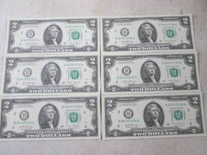 lot 124 image: (CNTR) 6 - $2 Dollar Bills - Serial Numbers In Order - Uncirculated - 2017 A