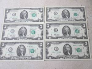 lot 125 image: (CNTR) 6 - $2 Dollar Bills - Serial Numbers In Order - Uncirculated - 2017 A
