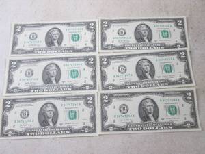 lot 126 image: (CNTR) 6 - $2 Dollar Bills - Serial Numbers In Order - Uncirculated - 2017 A
