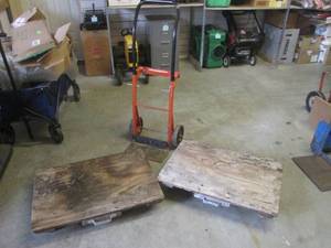 lot 145 image: (BR3) 2 Homemade Plywood Moving Dollies 21 x 30 12 and 4 Wheel Hand Dolly