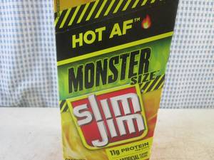lot 201 image: (B-3) Box of 18 Slim Jim Monster Size Hot AF Smoked Snack Sticks Past Date