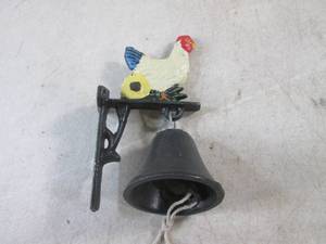 lot 281 image: (EC1) Cast Iron Bell and Wall Bracket with Chicken Figure