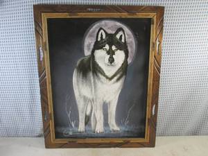 lot 283 image: (FS) Vintage Framed Wolf Moon Painting on Black Velvet by David Ortiz 19 x 23