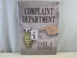 lot 292 image: (EC1) Complaint Department Tin Sign - Embosed with Rolled Back Edges - New in Wrap - 12 x 16 34