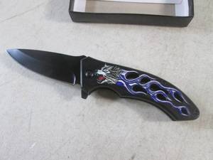lot 294 image: (CNTR) WolfFlames Design Spring Assist Folding Knife with Belt Clip - 8 Open  4 34 Closed - New In Box