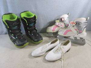 lot 327 image: (D-3) DBX Ice Skates Size Adjustable 1-4, Vandal K2 Snow Boarding Boots Size 5, Tap Shoes Size 5,5M