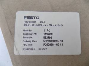 lot 196 image: FLOW SENSOR -FESTO #SFAM-62-500L-M-25A-M12-5A IN BOX