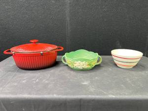 lot 1408 image: Vintage Stoneware Banded Mixing Bowl Mixing Bowl, Red Cast Iron Dutch Oven and Glass Roseville