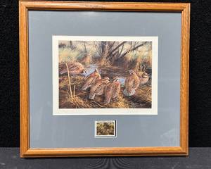 lot 1430 image: David Maass - 1986 International Quail Foundation - Quail Research Stamp Print With Stamp