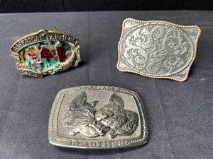 lot 1434 image: 2 Sterling Silver and 1 Brass Belt Buckels Collectable