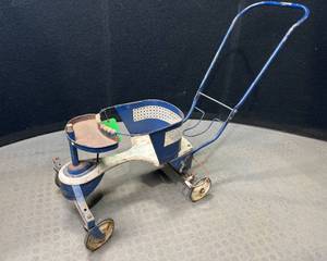 lot 1458 image: Vintage 1950s Baby Metal Wood Baby Stroller Walker