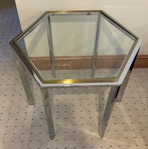 lot 100 image: Vintage Glass Top Chrome Based Table with Brass Accents