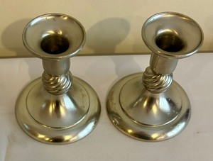 lot 128 image: Pair of Royal Holland Pewter Candle Holders