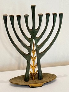 lot 232 image: Decorative Vintage Brass Menorah, Verdigris Green and Olive Branch