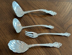 lot 8C image: Vintage Reed and Barton Spanish Baroque Sauce Spoon, Gravy Soon, Sugar Spoon and Pickle Fork