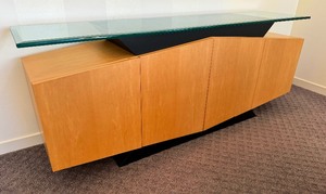 lot 6 image: Pace Collection Burl and Ebony Floating Beveled Glass Top Sideboard  Cabinet
