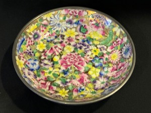 lot 49 image: Vintage Pewter Encased Porcelain Bowl with Cloisonn Appearance