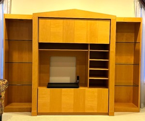 lot 76 image: Contemporary Maple Decorative Media Cabinet with Remote Controlled Sliding Doors