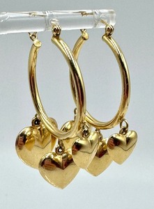 lot 14B image: Pair of 14k Gold Hoop Earrings with Heart Charms