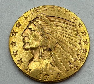 lot 1A image: 1915 $5 Indian Head Gold Half Eagle  United States Five Dollar Indian Head Gold Coin