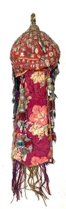 lot 28 image: Ornate Antique Turkmen Headdress wSilver & Silk Dangles