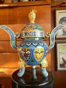 lot 11 image: Gorgeous Chinese Cloisonne Brass Tri-Legged Censer wCover